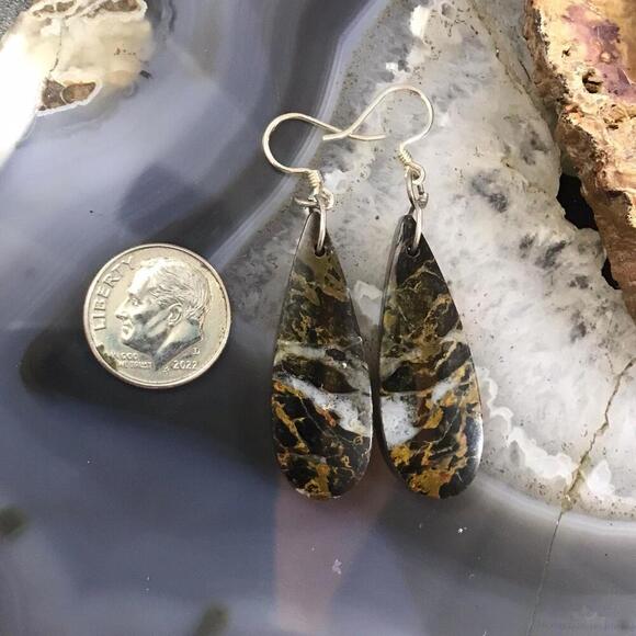 Sterling Silver Elongated Teardrop Black Mizone Slab Dangle Earrings #214 - Picture 8 of 10